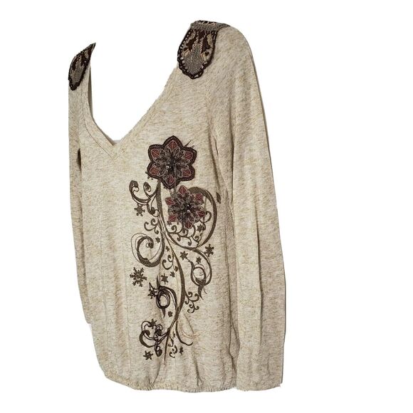 Lulumari Women's Medium Top Brown Embroidered Applique Shirt Sweater Boho V Neck - Picture 7 of 9